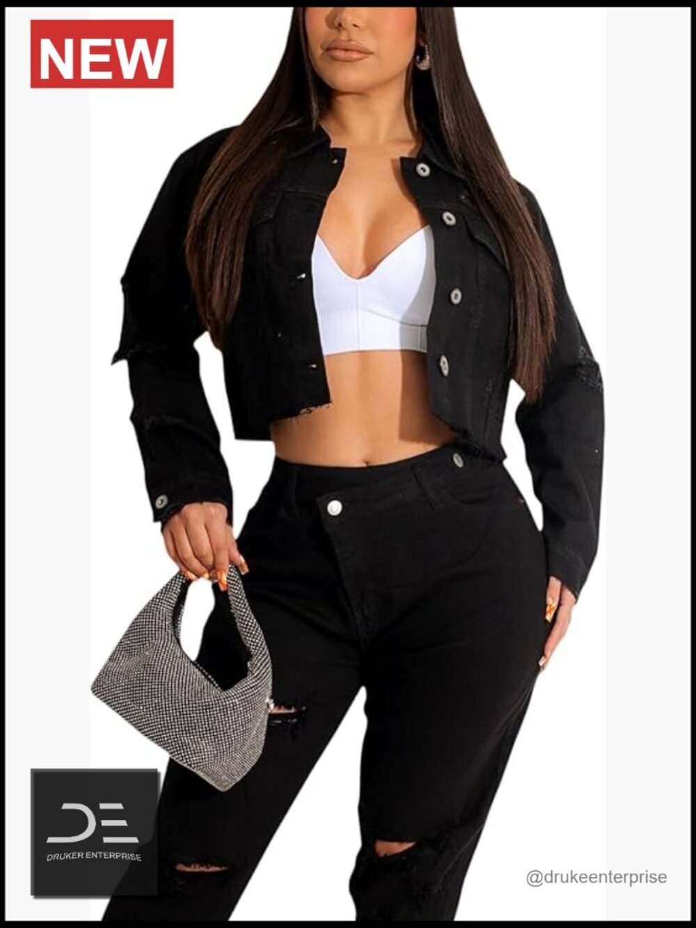 Cropped Denim Jacket Button Down Long Sleeve Casual Jean Coat